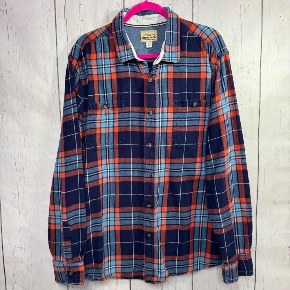 Roebuck & Co. Navy Plaid Flannel Shirt XXL Lumberjack Heritage Style Cozy Fall